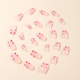 24Pcs Valentine's Day French Tip Press on Nails Short Square NEWSPIED Heart Fake Nails Pink Nail Tips Glue on Nails Glossy Designs Valentines False Nails for Women Acrylic Manicure Decorations Tips