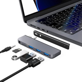 Qwiizlab Adaptador USB C Hub 5 en 1, puerto de datos USB 3.0, lector de tarjetas microSD, conector de audio de 3.5 mm para MacBook Pro 2023/2021 de 14 pulgadas y 16 pulgadas M3/M2/M1 Pro/Max (gris)