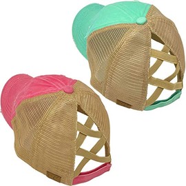 C.C Ponytail Criss Cross Messy Buns Ponycaps Baseball Cap Dad Trucker Mesh Hat (1 Distressed Mint + 1 Distressed Pink)