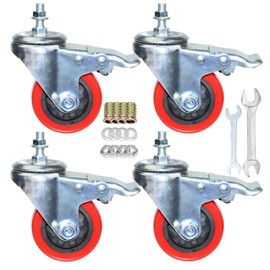 Heavy Duty Stem Caster Wheels M10-1.5X25mm Dual Locking No Noise PVC Threaded Stem Caster Wheels Pack of 4 for Workbench, Dolly, Furniture (3 Inch, Red)