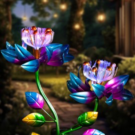 Solar Wind Spinners Blue Twin Flowers for Yard and Garden, Solar Windmill Garden Whirligig Kinetic Spinners Decor for Lawn, Patio, Yard, Metal Wind Outdoor Sculpture