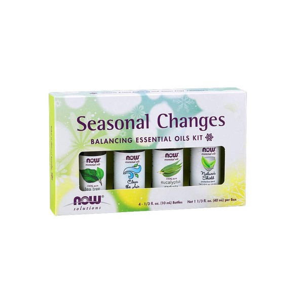 NOW Essential Oils, Seasonal Changes Balancing Aromatherapy Kit, 4x10ml Including Tea Tree, Eucalyptus Radiata, Clear the Air and Nature’s Shield Oil Blend With Child Resistant Caps
