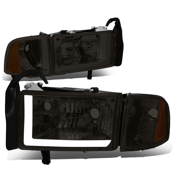 DNA Motoring HL-LB-DR944-SM-AM Smoked Amber Headlights With LED DRL Replacement For 94-02 Ram