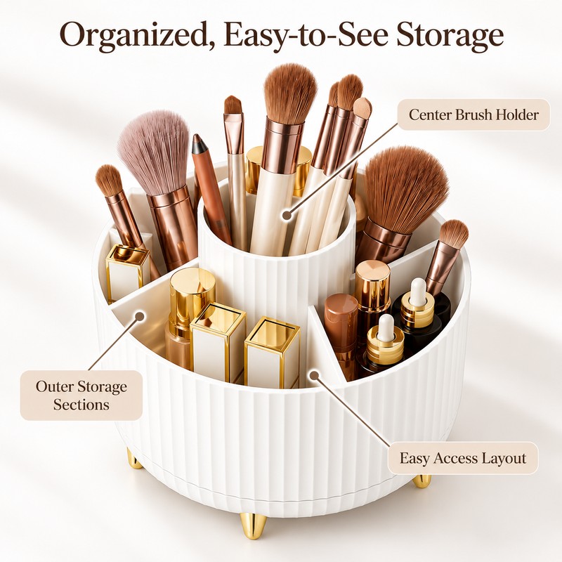 360° Rotating Makeup Organizer for Vanity – Multi-Compartment Cosmetic Storage