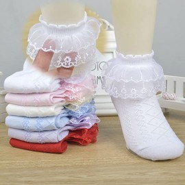 BGMINGYI Baby Girls Ruffle Lace Trims Socks 6 Pairs Toddlers Eyelet Mesh Princess Cotton Soft Dress Frilly Socks Kids 1-15T (CA/US, Age, 7 Years, 9 Years, Double Lace-4 Pcs Multicolor-1)