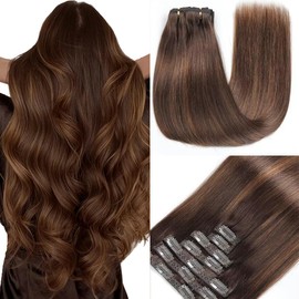 GUDOZO Clip-In Real Hair Extensions, 7 Pieces, 35 cm, 80 g, Dark Brown with Chestnut Brown Invisible Clip Extensions, Real Hair Clip Extensions, Skin Weft Hair Extensions (14 Inches, 2/2/6#)