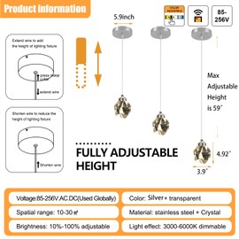 IDEQUY Chrome Crystal Pendant Lights Kitchen Island, Bedroom Bedside Hanging Crystal Ceiling Light, Dimmable 3000k-6000k 1-Light Independent