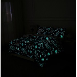 Holawakaka Glow in The Dark Kids Comforter Set, 5-Piece Luminous Twin Size Space Dinosaur Bedding Set with Sheets, Galaxy Planets Stars Dino Print Bed in a Bag for Boys Girls Nursery Dorm