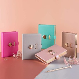Poshieca Heart Shaped Lock Diary with Key PU Leather Cover Journal Personal Organizers Secret Notebook for Girls & Women B6 Size 5.3x7inch Diary with Rose Gold Metal Ballpoint Pen (Green with Pen)