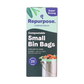 Repurpose 3 galones, 11 litros superfuertes, pequeñas bolsas de basura compostables, certificado por el Instituto de Productos Biodegradables (BPI), 25 unidades