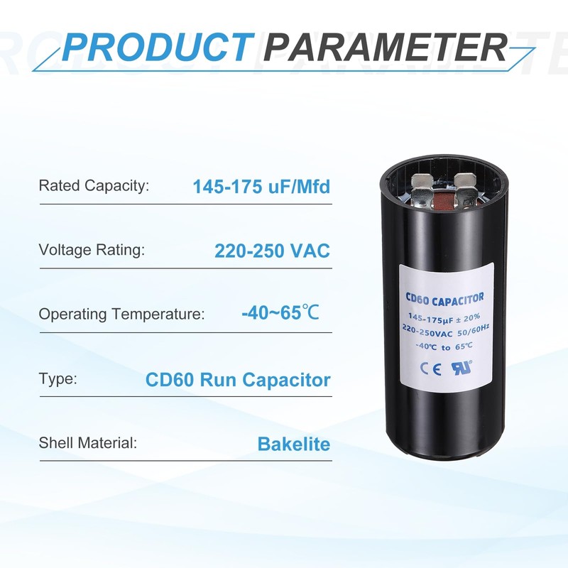 sourcing map CD60 Capacitor 145-175 UF/Mfd, 220-250 VAC CD60 Run