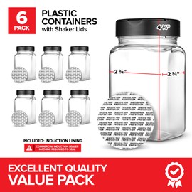 6 Pack 14 oz Plastic Spice Jars, Empty Seasoning Containers for Homemade Rub, Spices, Glitter, and More, Small Spice Containers with Black Shaker Lids and Heat-Induction Liner, Clear Spice Jars