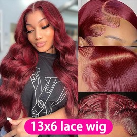 99J Burgundy Lace Front Wigs Human Hair 13x4 13x6 HD Transparent Body Wave Lace Front Wigs Human Hair Pre Plucked 99j Burgundy Red Wine Glueless Human Hair Wigs for Women - 10/10 Human Hair: 99J 13x6 body wig, Size: 32"