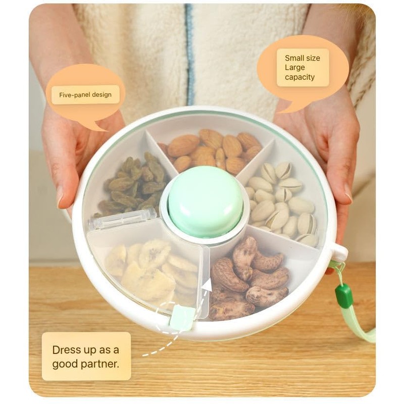 Compartments Reusable Portable Spinning Snack Container with 5 Compartment Dispenser