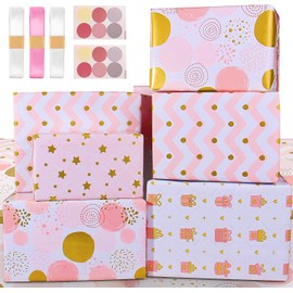 Wrapping Paper Sheets,Birthday Wrapping Paper for Girls Women Female,Eco Gift Wrap Paper with Pink and Gold Foil Dot Star Heart for Present,Gift Wrapping Paper Birthday Wrap Birthday Paper Set &Ribbon