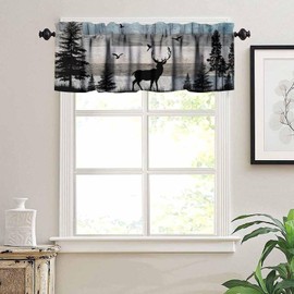 JanJCurt Rustic Deer Valance, Retro Cabin Farmhouse Country Blue Brown Wooden Wild Animals Deer Bird Print Blackout Window Valance for Living Room Bedroom Kitchen, 54x18inch