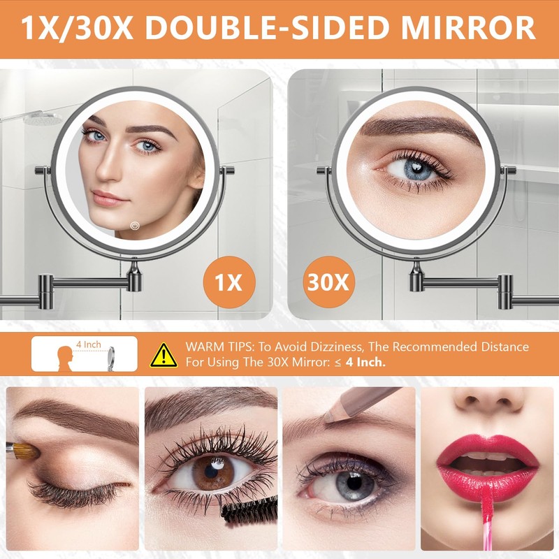 Auxmir 1X/30X Wall Mounted Makeup Mirror with Light, 8" Rechargeable