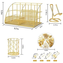 JUOPIEA Desk Organizers and Accessories Office Supplies Organizer with Pen Holder, 72 Clips Set and Phone Stand, Metal Mesh Desktop Organizers with Drawer for Home, Office, School Ect (Gold)