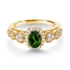 Gem Stone King 18K Yellow Gold Plated Silver Heart Desing Ring Oval Chrome Diopside Moissanite (0.88 Cttw) (Size 7)
