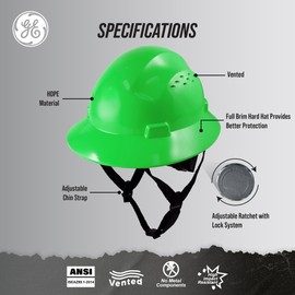 GE Hard Hat, Vented Full Brim, Class C, Green, Padded Sweat-Wicking Sweatband, 4 Points Ratchet Suspension System, High Impact Resistant, GH328N, Meets ANSI ISEAZ89.1-2014.