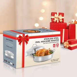 HuaQue Roasting Pan with Rack and Lid, Stainless Steel Large Oval Roaster, Nonstick Oven Cookware for Turkey Chicken, 21 Inch