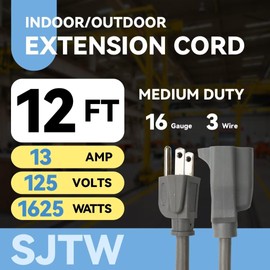 Zorky 12ft Outdoor Extension Cord for Christmas Decorations - 16/3 Heavy Duty SJTW Waterproof Gray Electrical Cable with 3 Prong Grounded Plug for Safety, Great for Lawn and Major Appliances