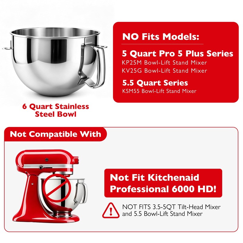 6QT Replacement Stainless Steel Bowl for KitchenAid Bowl-Lift Mixers