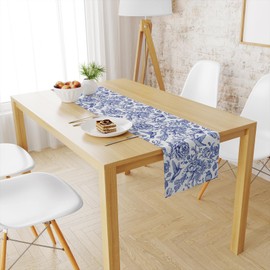 Snycler 13x108 Inch Table Runner Blue and White Monochrome Sketch Birds Flower Table Cover Retro Floral Kitchen Dining Table Decoration for Indoor Outdoor Home Party Restaurant Supplies
