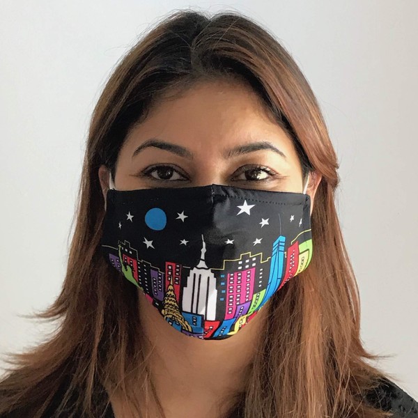 New York Face Mask Colorful NY Night Time Skyline Artwork Designed by Mary Ellis, Comfortable and Breathable, 100% Cotton Inner Polyester Outer, Double Layers, Filter Pocket, Machine Washable