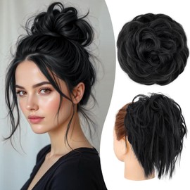 AISI BEAUTY 2PCS Messy Bun Hair Pieces Tousled Updo Hair Buns Extensions Wavy Curly Scrunchies Synthetic Chignon Hairpieces for Women (Black)