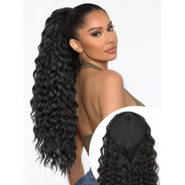 ALXNAN Wavy Curly Ponytail Extension, 26 Inch Black Drawstring Ponytail for Black Women Short Soft Natural Synthetic Hairpiece Thick For Daily Use