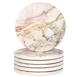 Lahome Marble Pattern Coasters - Round Drinks Absorbent Stone Coaster Set with Ceramic Stone and Cork Base for Kinds of Mugs and Cups (Pink, Set of 6)