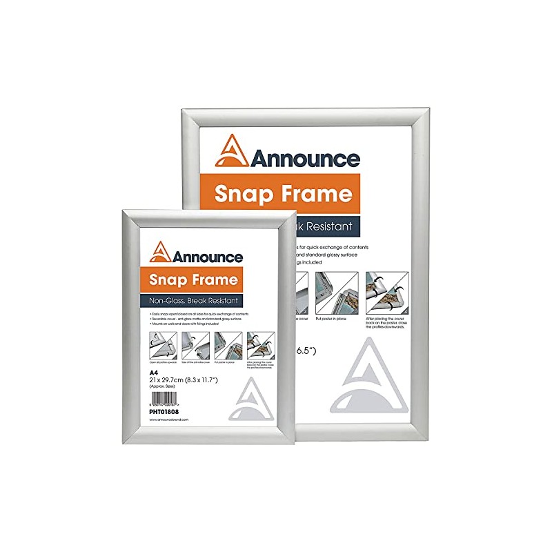 Announce A4 Snap Frame (25mm anodised Aluminium Frame, Wall fixings