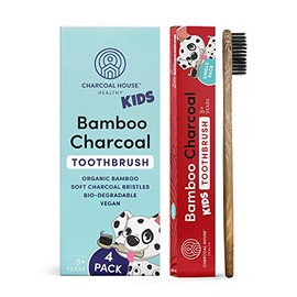 Charcoal House 4-Pack Kids Organic Bamboo Charcoal Toothbrushes Set - Biodegradable & Natural - Perfect for Toddler to Children's Age - with Soft Bristles for Gentle Brushing