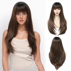 PARXITN Wig for Women 60 cm Long Straight Hair Wigs with Fringes Ombre Brown Fashion Natural Looking Synthetic Hair Wig for Daily Party Wear