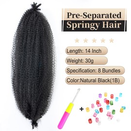 Alaleibaby Marley Hair 8 Packs Marley Twist Hair Afro Kinky Marley Braiding Hair 14 Inch Pre-Separated Springy Twist Hair Natural Black Marley Twist Crochet Braiding Hair