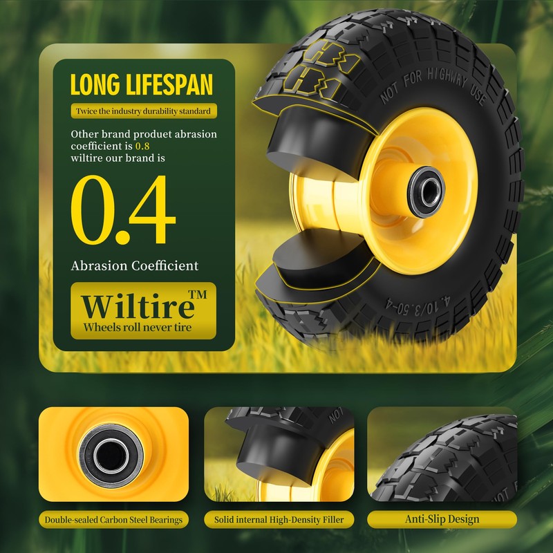 Wiltire (2 Pack) 4.10/3.50-4 Flat Free Tire and Wheel 10-Inch