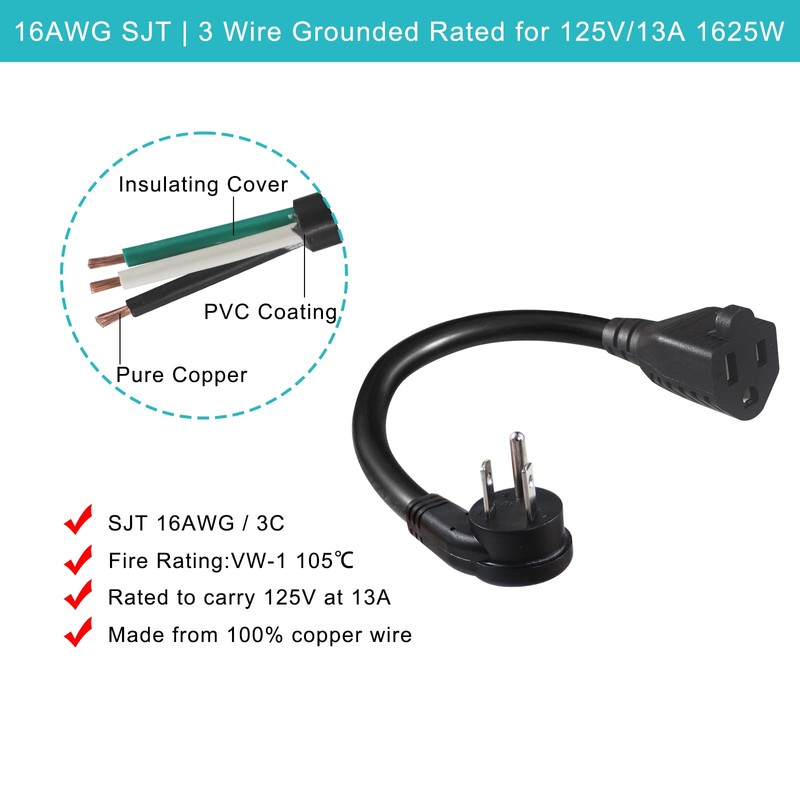 [2 Pack] Flat Plug Short Power Extension Cord - 6inch