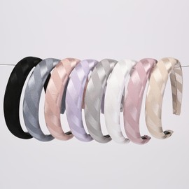 8 Pcs Satin Wide Headbands for Women & Girls - Soft Thick Padded Headbands with Pearly Lustre, Glitter Vintage Cloth Hair Hoops, Fashion Solid Color Hair Accessories for Daily Wear & Styling