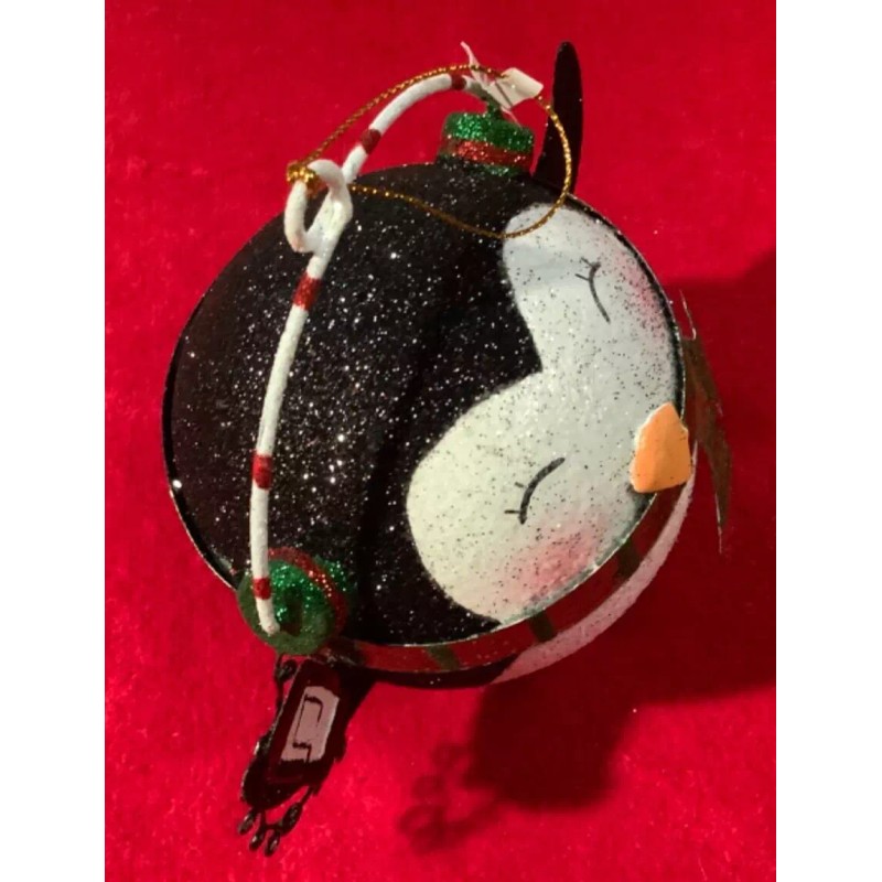 Pier 1 Imports 5" Glitter Penguin Ball w Headphones Christmas