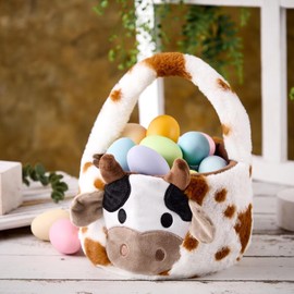 PEXIOAN Plush Cow Easter Basket, 10 Inch Western Cow Portable Tote Bag Gift Storage Decorative Gift