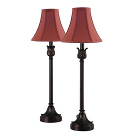 Catalina Lighting 19358-003 Brenda Bronze Buffet Table Lamps with Burgundy Fabric Bell Shades (Set of 2), Brown