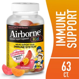 Airborne Kids 500mg Vitamin C Gummies, Kids Immune Support Zinc Gummies with Powerful Antioxidants VIT C & E - 63 Gummies, Assorted Fruit Flavor (Pack of 2)