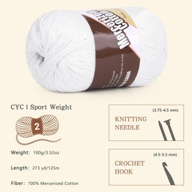 Katech 1OO% Mercerized Cotton Yarn for Crocheting & Knitting – Soft Sport Weight CYC #2, 4 Skeins 3.52 Oz (100g), Ideal Crochet Yarn for Dishcloths, Baby Clothes, Socks, Scarves(Pure White)