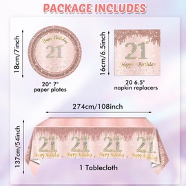 21th Birthday Decorations for Girls Rose Gold Sweet 21 Birthday Party Decoration Include 21st birthday plates and napkins ,Tablecloth for her Sweet Teenager