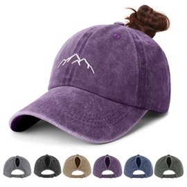 HeyCaps Ponytail Hats for Women - Distressed Hat with Ponytail Hole for Women Baseball Cap, Mountain- Purple, One Size