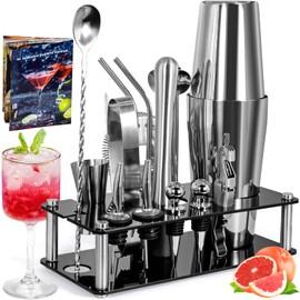 ZPQAODI Cocktail Set, 18-Piece Cocktail Shaker Made of Stainless Steel, Cocktail Shaker Mix Set, Party Essential Cocktail Shaker Set, Professional Cocktail Shaker Set with Stand & Recipe Book,