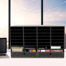 MhdunueSK Mail Sorter Organizer, Black Student Mailbox for Classroom, Desktop File Sorter, Literature Organizer, Paper Organizer for Home School Office (Black 32 Compartment with 2 Drawers)