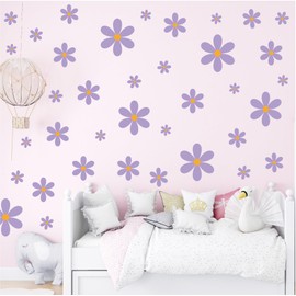 DWUENT Pink Purple Daisy Flower Wall Stickers for Girls Bedroom, Nursery, Living Room - PVC Floral Wall Decals 48pcs (30x20cm)