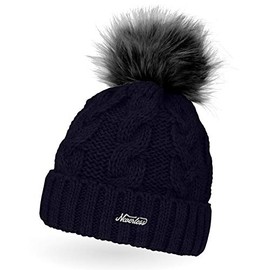 Neverless Ladies Knitted Fur Pom Pom Faux Fur Winter Hat Bobble Hat, Caren navy